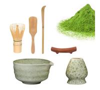 Matcha Kit 6 Pièces - Kit Complet avec Fouet en Bambou, Cuillère & Spatule Bambou, Bol/Tasse Céramique, Support - Cadeau Cérémonie du Thé