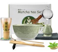 Matcha Kit, 8 Pièces Coffret Matcha avec Fouet Matcha Bambou et Support, Bol en Céramique, Cuillère, Louche, Tamis et Torchon, Idéal pour Rituel Authentique, Noël Anniversaire pour Amateurs de Matcha