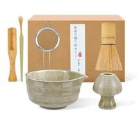 Matcha Kit Artisanal, Set Matcha 6 Pièces avec Fouet Matcha en Bambou, Bol Matcha avec Bec Verseur, Support pour Fouet, Tamis Filtrant, 2 Cuillères, Cadeau de la Nature pour Les Amateurs de Matcha