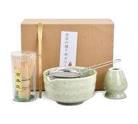 Matcha Kit Complet 5Pcs Céramique Matcha Set Bol Matcha bec Verseur Fouet Bambou Service à thé Matcha Japonais Accessoires pour la Cérémonie Ensemble de Matcha Coffret Cadeau pour Amis Collègues Vert