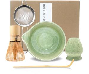 Matcha Kit Complet 5Pcs Céramique Matcha Set Bol Matcha bec Verseur Fouet Bambou Service à thé Matcha Japonais Accessoires pour la Cérémonie Ensemble de Matcha Coffret Cadeau pour Amis Collègues