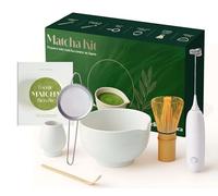 Matcha Kit, Complet 7 pcs, Fouet Bambou, Bol à Bec Verseur, Tamis, Baguette Japonaise, mousseur electrique, Support, Ebook Offert, ensemble Coffret ceremonie Thé Matcha, Idée Cadeau premium