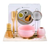 Matcha Kit de 7 Pièces, Matcha Set avec Fouet à Matcha, Bol à Matcha, Support de Fouet, Filtre, 2 Cuillère, Serviette, Coffret Matcha Complet en Design Sakura pour Les Amateurs de Matcha(Rose)