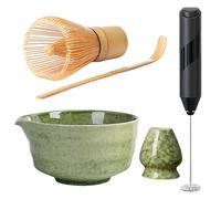 Matcha Kit, Lot de 4 Kit Matcha, avec Bol Matcha En Céramique, Fouet Matchat, Support de Fouet, Ccuillère En Bambou, Mousseur à Lait électrique, Coffret Cadeau, pour Cérémonie Du Thé Japonaise, Vert