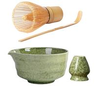 Matcha Kit, Lot de 4 Kit Matcha, avec Bol Matcha En Céramique, Fouet Matchat, Support de Fouet, Ccuillère En Bambou, Coffret Cadeau, pour Cérémonie Du Thé Japonaise, Vert