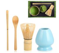 Matcha set - Kit de Cérémonie du Thé Matcha 4 Pièces, fouet matcha, 2 Cuillères à Matcha, Porte-Fouet en Céramique, Set Artisanal Japonais, Nettoyage Facile, Savourez l'art du thé(Bleu Ciel)