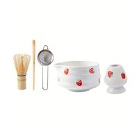 Matcha Set 5 pièces - Set de préparation du thé Matcha avec bol au design de fraise, fouet en bambou & cuillère | Matcha japonais fait