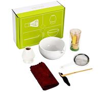 Matcha Whisk Set Ceramic Matcha Whisk Set réutilisable Kit élégant Comprend un bol avec bec, support, tamis, tissu, stand et cuillère pour les amateurs de thé, blanc
