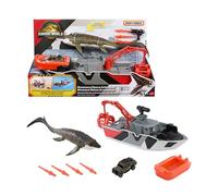 Matchbox Coffret Bateau de sauvetage Jurassic World: Renaissance, de plus de 31 cm avec mosasaure de plus de 33 cm, Jeep à l’échelle 1/64, missiles harpon et bateau de sauvetage amovible, JGG61