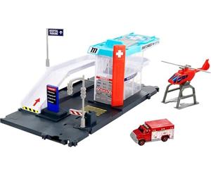 Matchbox Coffret Hôpital avec Véhicule Ambulance à l’ÉChelle 1/64, hélicoptère et Parking, Jouet pour Enfant dès 3 Ans, GVY83