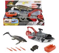 Matchbox Toy Car Playset Jurassic World 12.5 Dino Boat avec 13 Mosasaurus Dinosaur 1:64 Missiles de Harpoon Jeep Die Cast et bateau de sauvetage