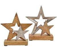 Matches21 Lot de 2 petites et grandes étoiles en métal et socle en bois de manguier 15 x 6 cm