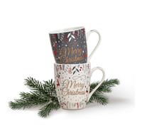 Matches21 Lot de 2 tasses à café Noël Merry Christmas Cerf & décor gris blanc porcelaine 10 cm 340 ml
