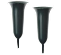 matches21 Lot de 2 vases funéraires résistants aux intempéries avec piquet comme décoration funéraire - Lot de vases de cimetière verts à planter en plastique - Vases de cimetière de 12 x 31 cm pour