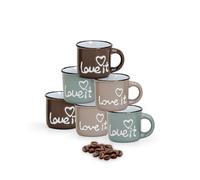 matches21 Lot de 3 tasses à expresso émaillées Love It & Heart assorties en céramique Bleu/marron clair/marron foncé 5 cm/50 ml