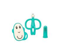 Matchstick Monkey, Antimicrobial Teething Starter Set - 1 Flat Face Teether, 1 Animal Teether, 2 Silicone Finger Toothbrushes, Green Monkey, 3 Months Old+