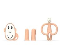 Matchstick Monkey, Antimicrobial Teething Starter Set - 1 Flat Face Teether, 1 Animal Teether, 2 Silicone Finger Toothbrushes, 3 Months Old+, Peach