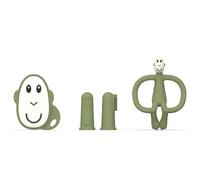 Matchstick Monkey, Antimicrobial Teething Starter Set - 1 Flat Face Teether, 1 Animal Teether, 2 Silicone Finger Toothbrushes, 3 Months Old+, Olive