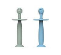 Matchstick Monkey Brosse à dents d'entraînement avec bouchon, pour un brossage indépendant, poignée en silicone souple facile à saisir, protection antimicrobienne, 3 mois et plus, vert menthe et bleu