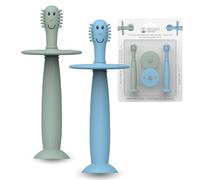 Matchstick Monkey Brosse à dents d'entraînement avec bouchon, pour un brossage indépendant, poignée en silicone souple facile à saisir, protection antimicrobienne, 3 mois et plus, vert menthe et bleu