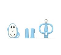 Matchstick Monkey, Kit de démarrage antimicrobien pour dentition - 1 anneau de dentition plat, 1 anneau de dentition animal, 2 brosses à dents en silicone, 3 mois et plus, singe bleu clair