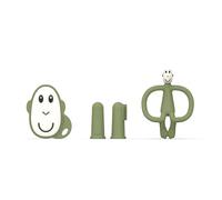 Matchstick Monkey, Kit de démarrage antimicrobien pour dentition - 1 anneau de dentition plat, 1 anneau de dentition animal, 2 brosses à dents en silicone, 3 mois et plus, olive