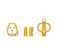 Matchstick Monkey, Ludo Lion Kit de démarrage antimicrobien 1 anneau de dentition plat, 1 anneau de dentition animal, 2 brosses à dents en silicone pour les doigts de 3 mois et plus