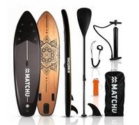 MATCHU - Paddle Gonflable - Stand Up Paddle - Ensemble Complet - T/M 150 KG Chargeable - 320x81x15 CM - Antidérapant - Plate-Forme Souple (Bois/Mandala - Noir)