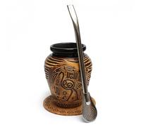 Mate Green Ensemble de calebasse pour maté - Tasse à maté en céramique Aztek 300 ml - Tasse à thé mate en céramique - Paille Bombilla en acier inoxydable de 19 cm - Tampon en liège - Calebasse en