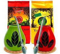 Mate Green Mate Set pour deux 800g ● Thé de maté brésilien avec guarana et herbes ● Gobelet de maté en céramique vert et rouge ● Paille à boire en acier inoxydable bombilla