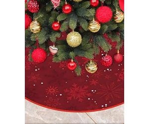 Mateju Jupe de Sapin de Noël 90 cm, Rouge Tapis Sapin de Noel avec Motif Flocons de Neige, Couverture de Sapin Christmas Tree Skirt pour la Décoration du Nouvel an