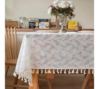 Mateju Nappe avec Pompons, Nappe Conception Creuse en Dentelle, Rectangulaire Style Moderne Essuyable Anti-Taches Table Cover pour Salle à Manger, Pique-Nique (Feuille Blanche,140x180cm)