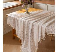Mateju Nappe avec Pompons, Nappe Conception Creuse en Dentelle, Rectangulaire Style Moderne Essuyable Anti-Taches Table Cover pour Salle à Manger, Pique-Nique (Herbe Beige,140x100cm)