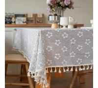 Mateju Nappe avec Pompons, Nappe Conception Creuse en Dentelle, Rectangulaire Style Moderne Essuyable Anti-Taches Table Cover pour Salle à Manger, Pique-Nique (Fleur Grise,140x140cm)