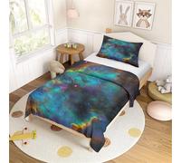 Mateju Parure de Lit pour Enfant Imprimé Ciel Étoilé 3D Hérisson de Couette 100x135 cm et Taie d'oreiller 40x60 cm, Ensemble de Literie 1 Personne Garçon Fille Microfibre (Vert et Bleu)