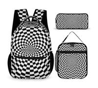 Mateju Sac à Dos, 3D Illusion de Vortex Sac à Dos Enfant avec Sacs à Lunch et Trousse à Crayons, 3 en 1 Backpack Collège et école Primaire, Sacs Scolaires pour Adolescents (Noir,One Size)