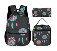 Mateju Sac a Dos, Attrape-Rêves Cartable Fille Primaire Sac a Dos Enfant avec Sac à Lunch et Trousse à Crayons 3 en 1 Sac à Dos, Garçons et Filles Petit Sac a Dos (Noir)