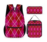 Mateju Sac a Dos, Carré Impression Cartable Fille Primaire Sac a Dos Enfant avec Sac à Lunch et Trousse à Crayons 3 en 1 Sac à Dos, Garçons et Filles Petit Sac a Dos (Rouge)