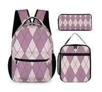 Mateju Sac a Dos, Carré Impression Cartable Fille Primaire Sac a Dos Enfant avec Sac à Lunch et Trousse à Crayons 3 en 1 Sac à Dos, Garçons et Filles Petit Sac a Dos (Violet foncé)