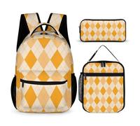 Mateju Sac a Dos, Carré Impression Cartable Fille Primaire Sac a Dos Enfant avec Sac à Lunch et Trousse à Crayons 3 en 1 Sac à Dos, Garçons et Filles Petit Sac a Dos (Orange)