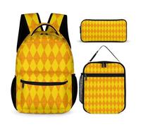 Mateju Sac a Dos, Carré Impression Cartable Fille Primaire Sac a Dos Enfant avec Sac à Lunch et Trousse à Crayons 3 en 1 Sac à Dos, Garçons et Filles Petit Sac a Dos (Jaune)