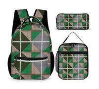 Mateju Sac a Dos, Triangle Multicolore Cartable Fille Primaire Sac a Dos Enfant avec Sac à Lunch et Trousse à Crayons 3 en 1 Sac à Dos, Garçons et Filles Petit Sac a Dos (Vert)