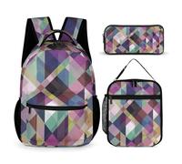 Mateju Sac a Dos, Triangle Multicolore Cartable Fille Primaire Sac a Dos Enfant avec Sac à Lunch et Trousse à Crayons 3 en 1 Sac à Dos, Garçons et Filles Petit Sac a Dos (Coloré)