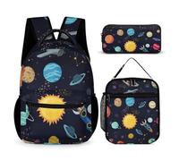 Mateju Sac a Dos, Univers Planète Cartable Fille Primaire Sac a Dos Enfant avec Sac à Lunch et Trousse à Crayons 3 en 1 Sac à Dos, Garçons et Filles Petit Sac a Dos (Univers)