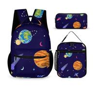 Mateju Sac a Dos, Univers Planète Cartable Fille Primaire Sac a Dos Enfant avec Sac à Lunch et Trousse à Crayons 3 en 1 Sac à Dos, Garçons et Filles Petit Sac a Dos (Espace)