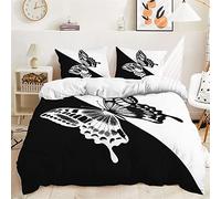 Mateju Sets de Housse de Couette Adulte Enfant, 3D Papillon Parure de Lit 1/2 Personnes avec Plante Imprimé Housse de Couette en Microfibre et 2 x Taie d'oreiller (Noir Blanc,200x200cm)