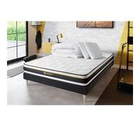 Matelas 140 x 200 cm Soft - Mousse - Ep : 19 cm - sommier Noir avec 2 oreillers et couette