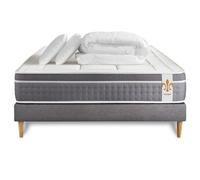 Matelas 140 x 200 cm Trente - Ressorts ensachés et mémoire de forme - Ep : 30 cm - sommier Gris avec 2 oreillers et couette
