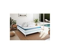 Matelas 160 x 200 cm Perform - Mousse à mémoire de forme - Ep : 23 cm - sommier Blanc avec 2 oreillers et couette