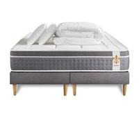 Matelas 160 x 200 cm Trente - Ressorts ensachés et mémoire de forme - Ep : 30 cm - sommier Gris avec 2 oreillers et couette